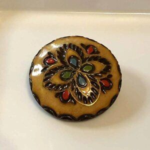 Wood Carved Hand Painted Flower Brooch - Poland
